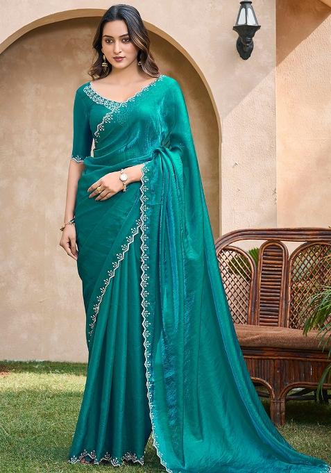 Teal Jarkan Satin Saree Set