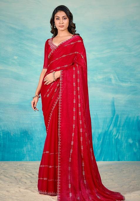 Red Jarkan Chiffon Saree Set