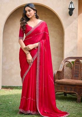 Red Jarkan Chiffon Saree Set