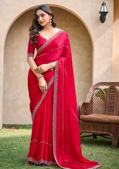 Red Jarkan Chiffon Saree Set