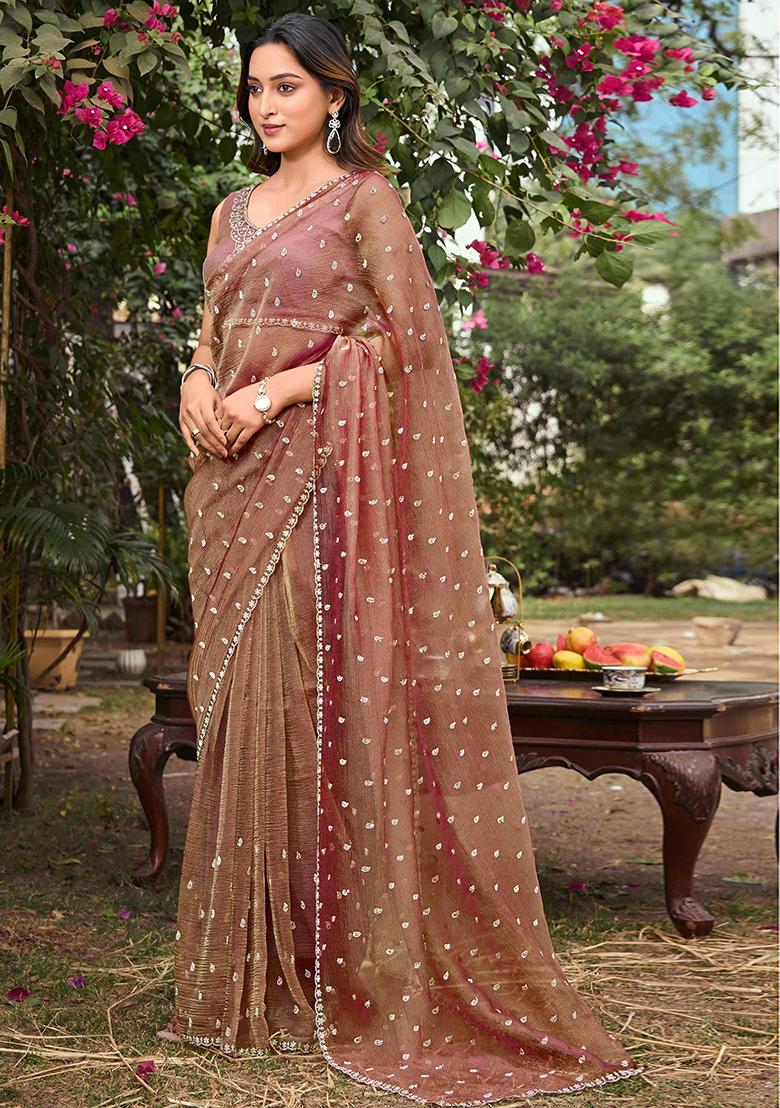 Brown Jarkan Chiffon Saree Set - Indya
