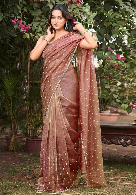 Brown Jarkan Chiffon Saree Set