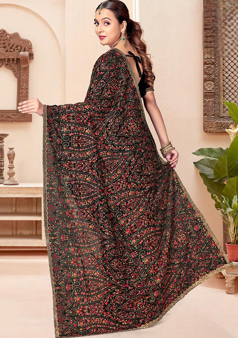 Black Embroidery Georgette Saree Set - Indya