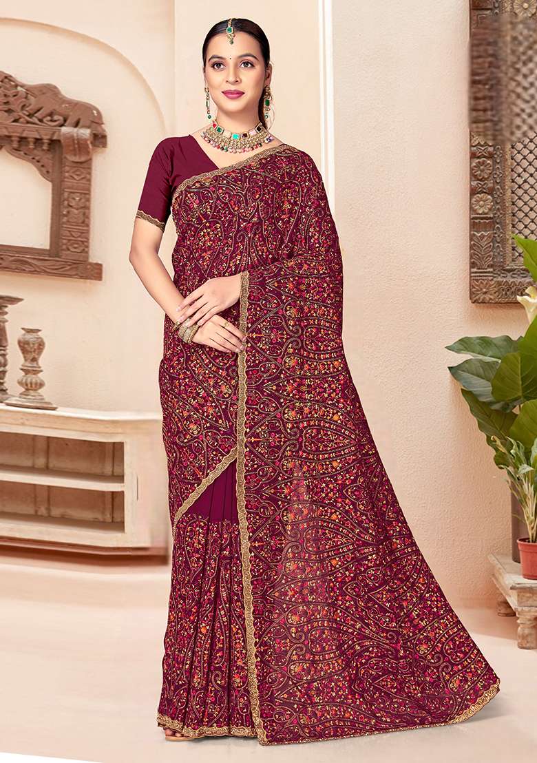 Wine Georgette Saree Set with Embroidery for Diwali | Wedding & Festive Wear - Indya