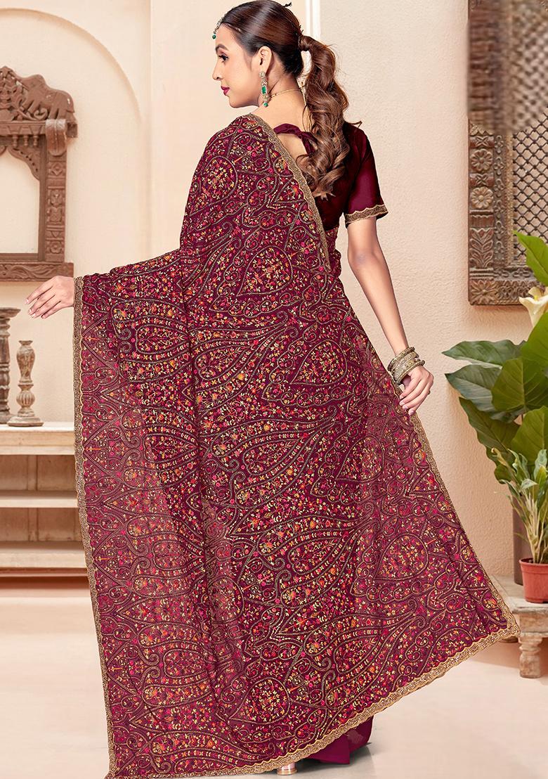 Wine Embroidery Georgette Saree Set - Indya