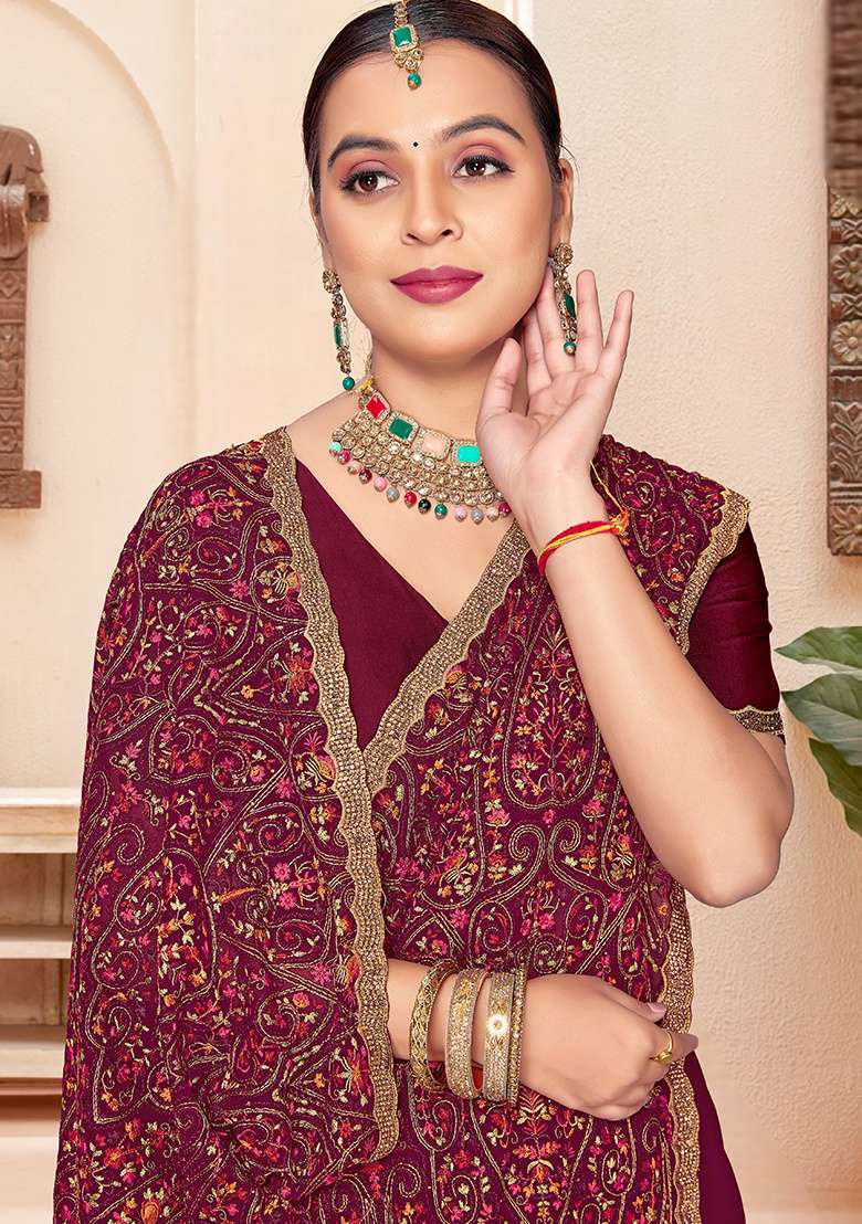 Wine Georgette Saree Set with Embroidery for Diwali | Wedding & Festive Wear - Indya