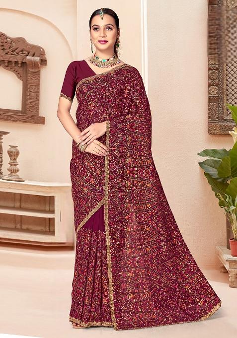 Wine Embroidery Georgette Saree Set