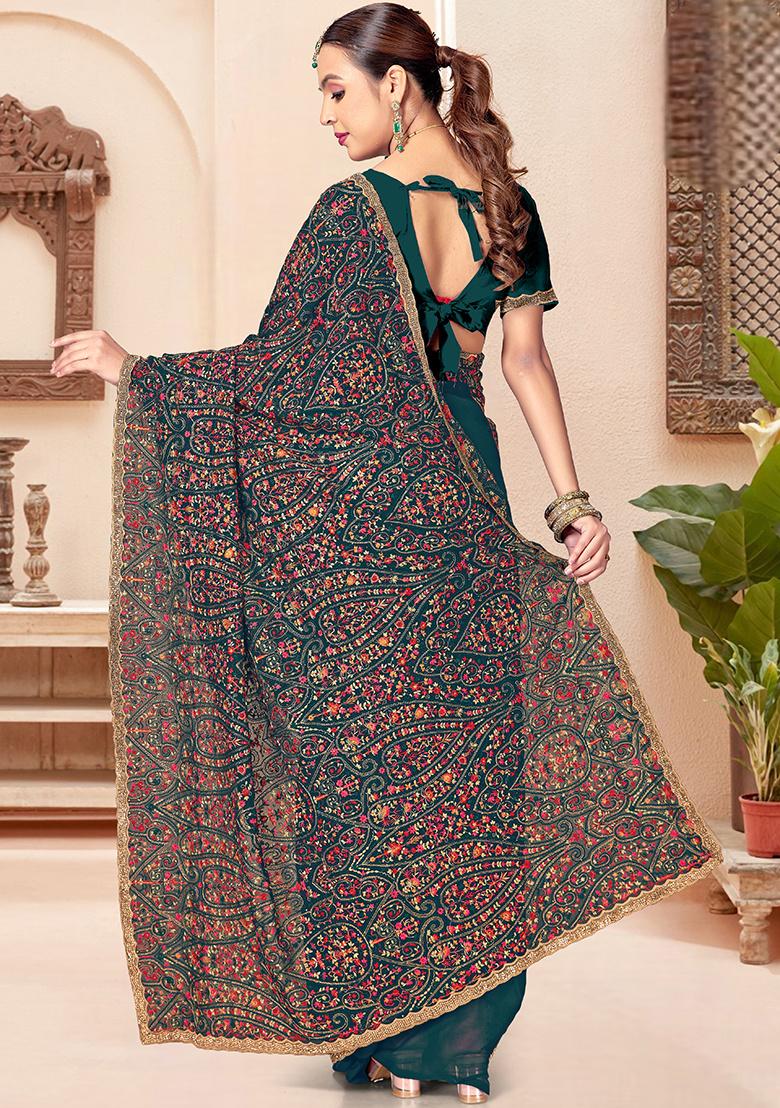 Morpeach Embroidery Georgette Saree Set - Indya