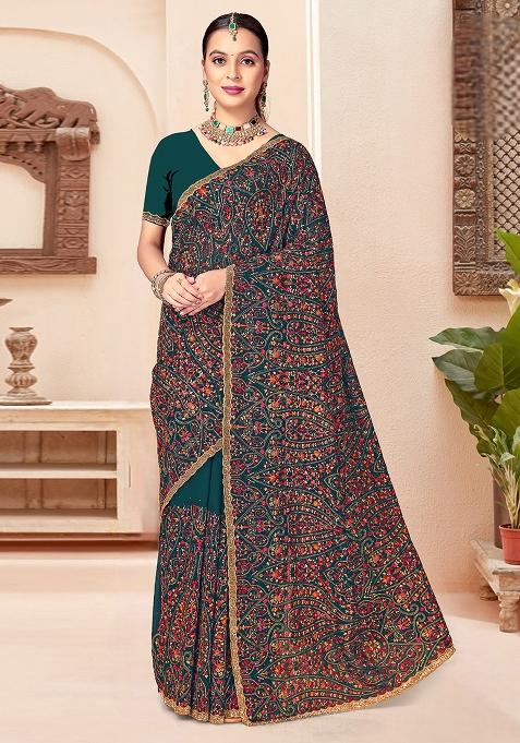 Morpeach Embroidery Georgette Saree Set