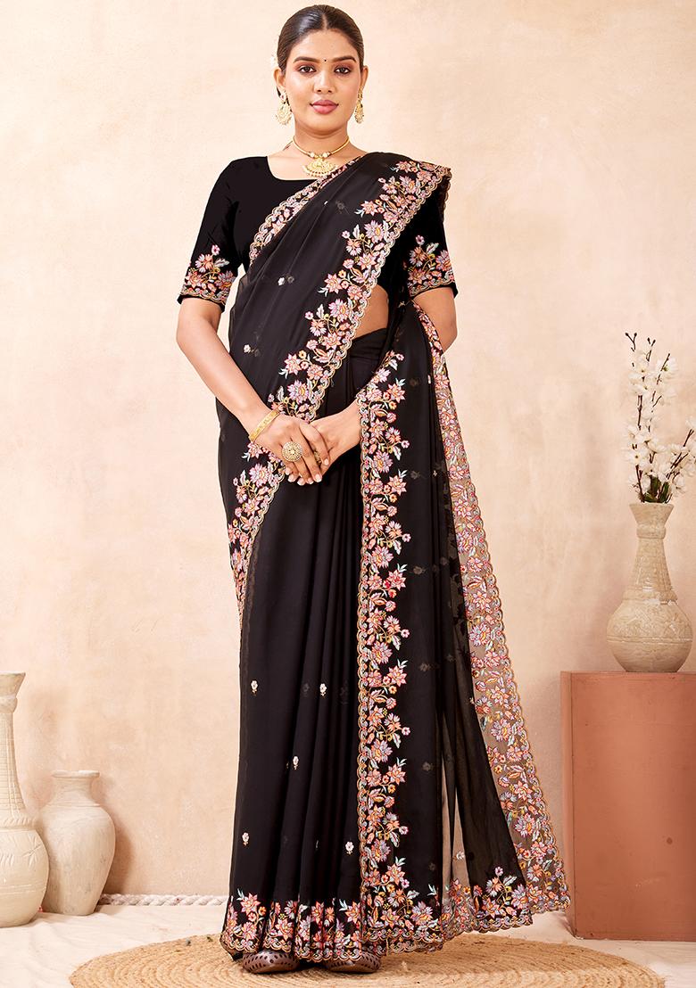 Black Embroidery Georgette Saree Set - Indya