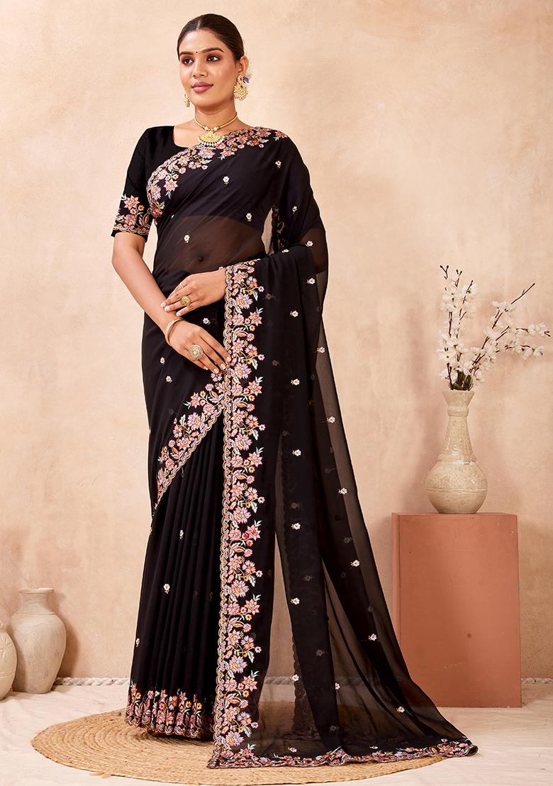 Black Embroidery Georgette Saree Set - Indya