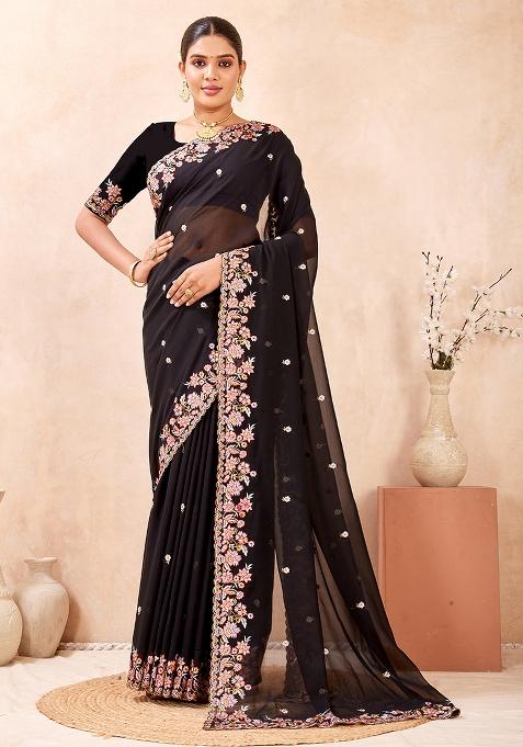Black Embroidery Georgette Saree Set
