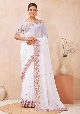 White Embroidery Georgette Saree Set