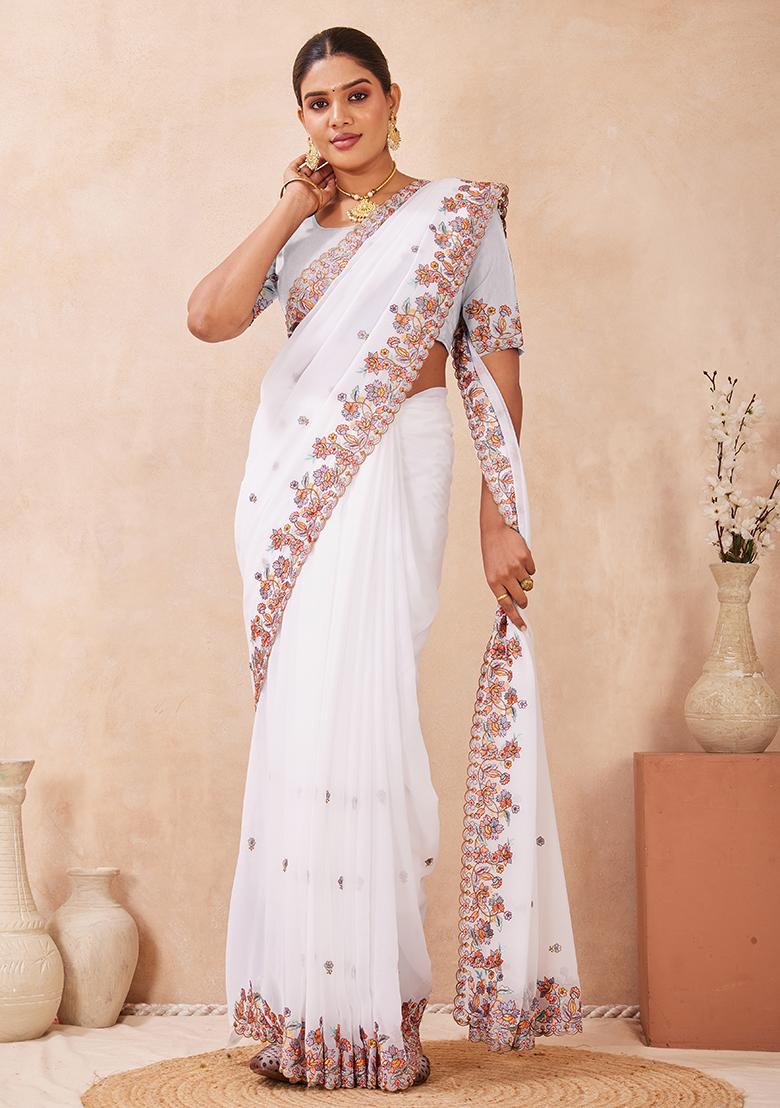 White Embroidery Georgette Saree Set - Indya