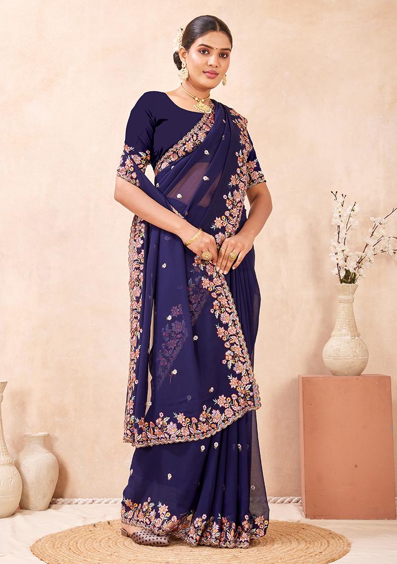 Nevi Embroidery Georgette Saree Set - Indya