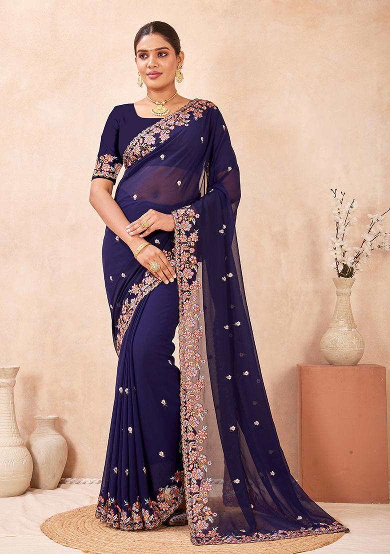Nevi Embroidery Georgette Saree Set - Indya