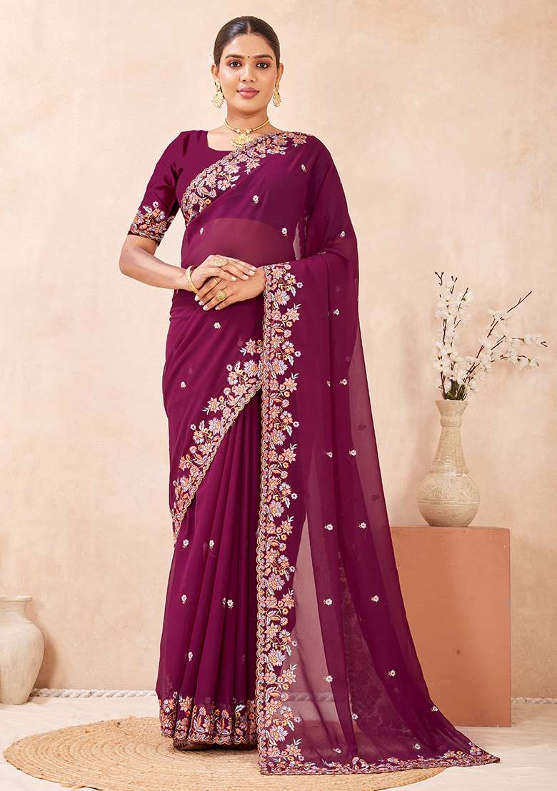 Wine Embroidery Georgette Saree Set for Diwali and Festive Wear - Indya