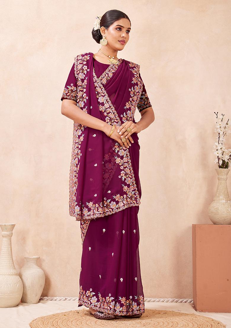 Wine Embroidery Georgette Saree Set - Indya