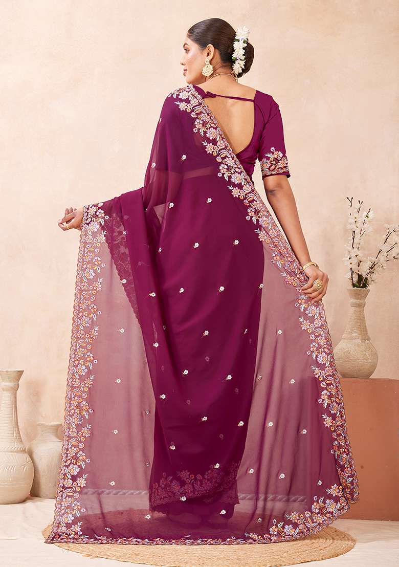 Wine Embroidery Georgette Saree Set for Diwali and Festive Wear - Indya