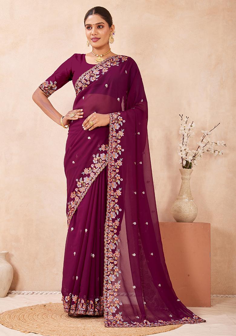 Wine Embroidery Georgette Saree Set - Indya
