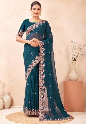Morpeach Embroidery Georgette Saree Set