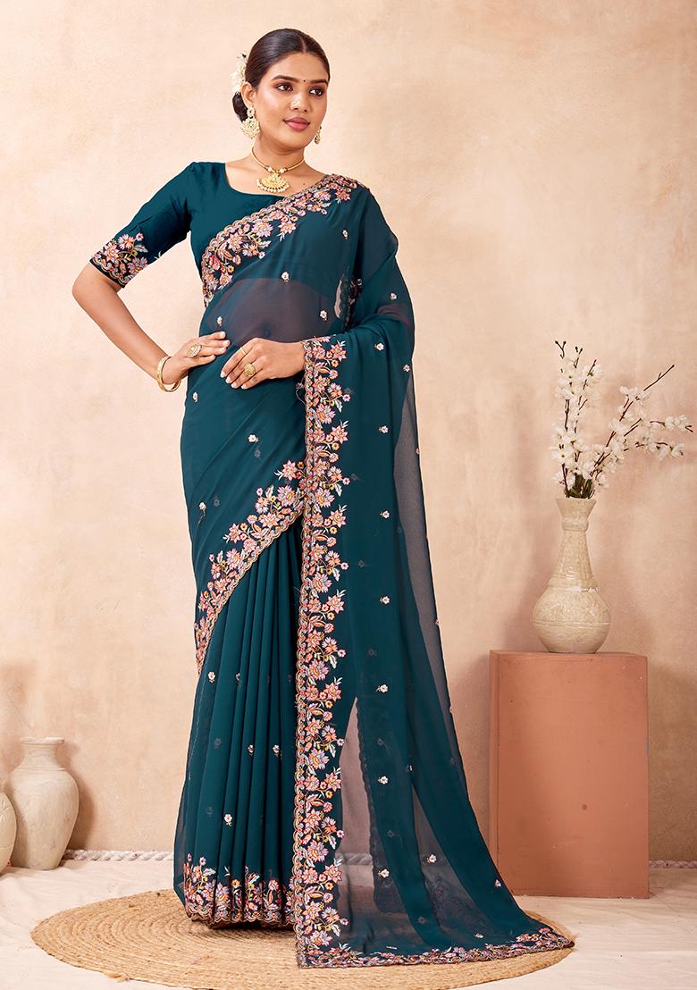 Morpeach Embroidery Georgette Saree Set - Indya