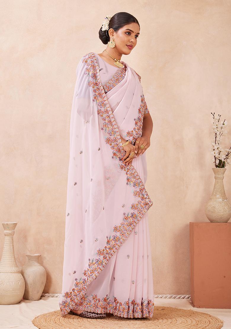 Lavnder Embroidery Georgette Saree Set - Indya