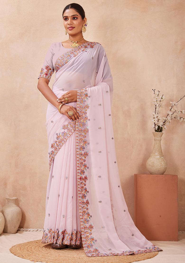 Lavnder Embroidery Georgette Saree Set - Indya