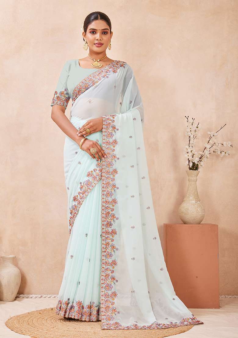 C Green Embroidery Georgette Saree Set for Diwali and Festive Wear - Indya