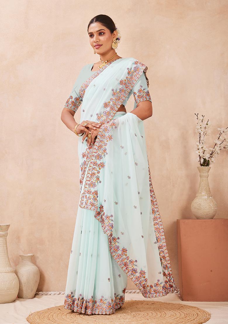 C Green Embroidery Georgette Saree Set - Indya