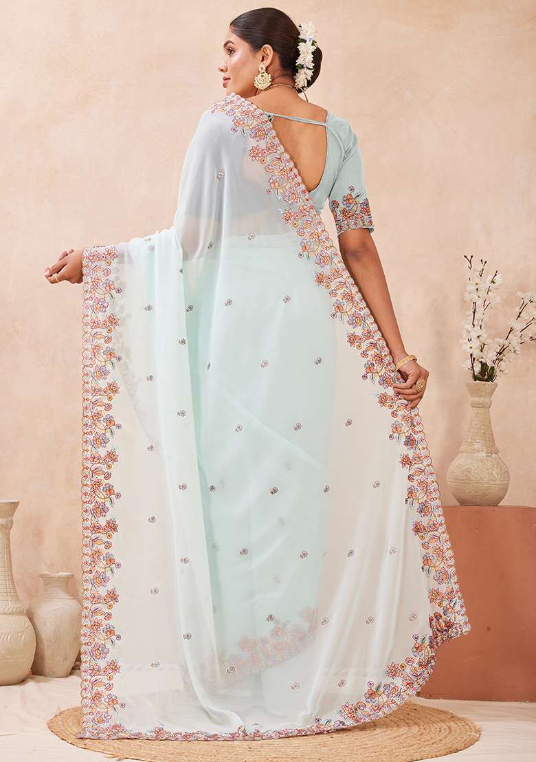 C Green Embroidery Georgette Saree Set for Diwali and Festive Wear - Indya