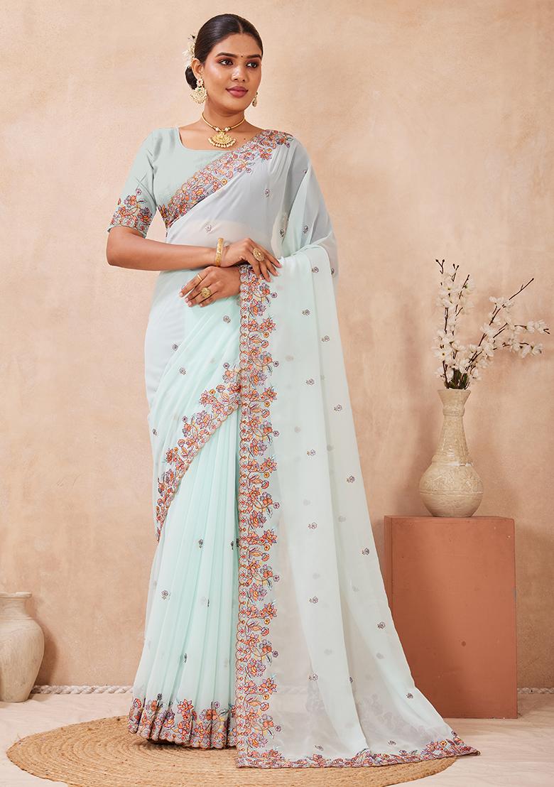 C Green Embroidery Georgette Saree Set - Indya