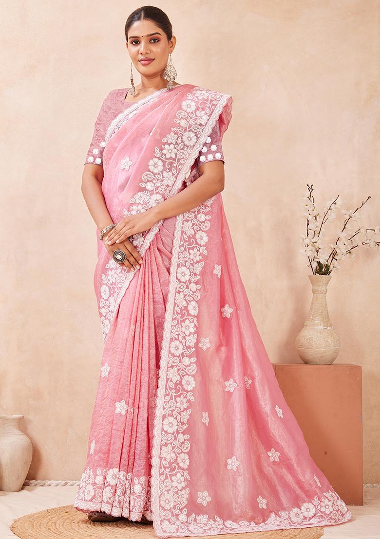 Dusty Gajari Embroidery Silk Saree Set - Indya