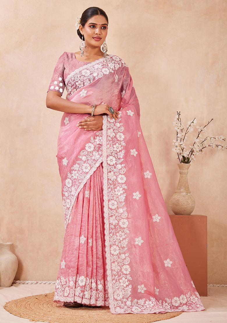 Dusty Gajari Embroidery Silk Saree Set - Indya