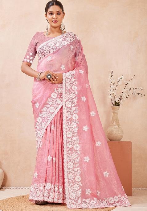Dusty Gajari Embroidery Silk Saree Set