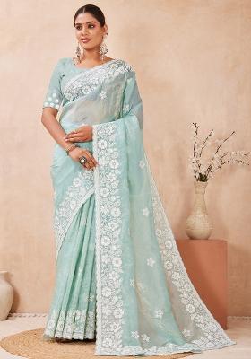 C Green Embroidery Silk Saree Set