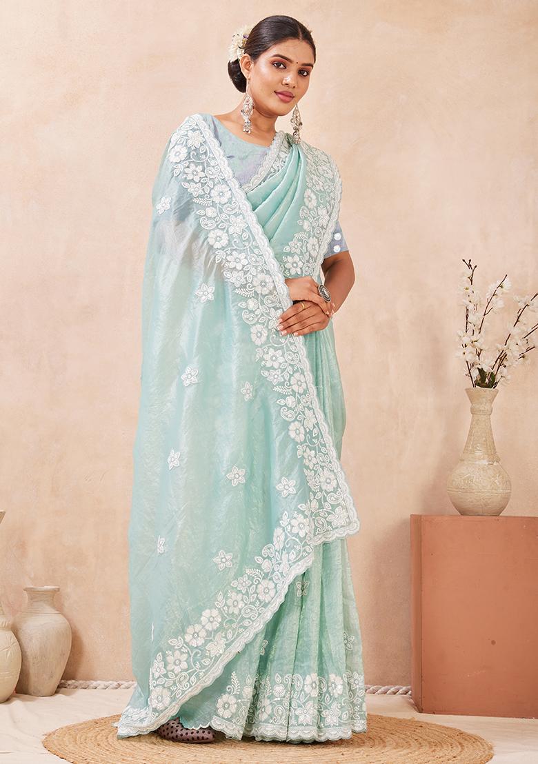 C Green Embroidery Silk Saree Set - Indya