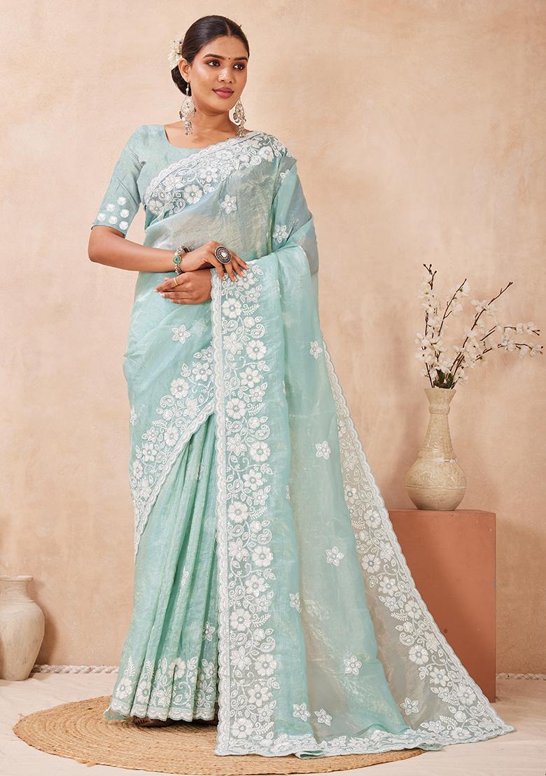 C Green Embroidery Silk Saree Set - Indya