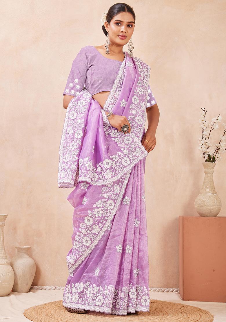 Voilet Embroidery Silk Saree Set - Indya