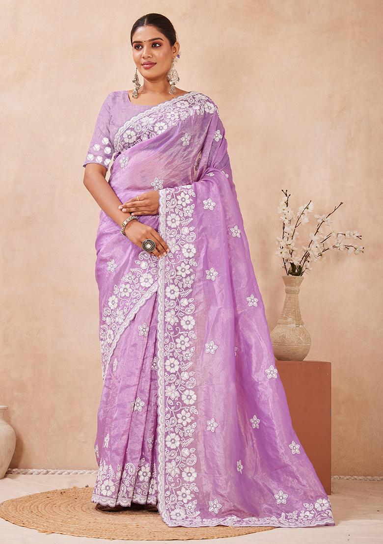 Voilet Embroidery Silk Saree Set - Indya