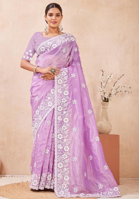 Voilet Embroidery Silk Saree Set