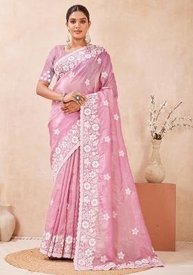 Dusty Pink Embroidery Silk Saree Set