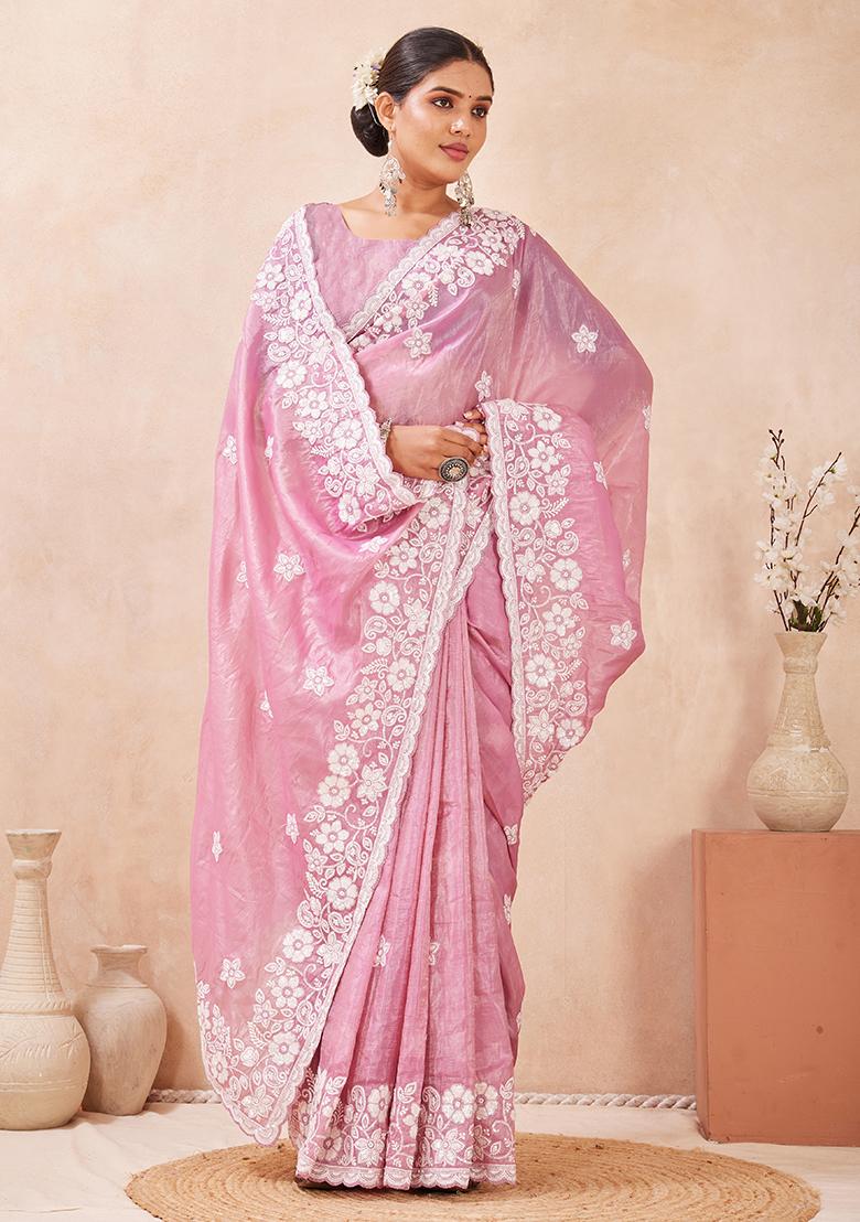 Dusty Pink Embroidery Silk Saree Set - Indya