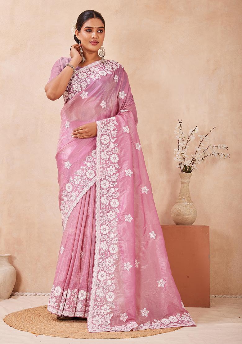 Dusty Pink Embroidery Silk Saree Set - Indya