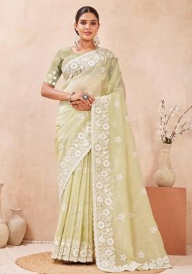 Dusty Pista Embroidery Silk Saree Set