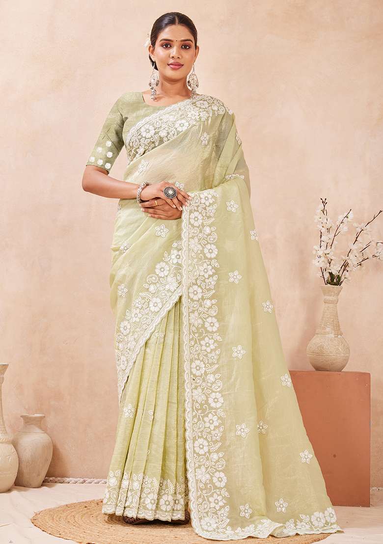 Dusty Pista Silk Blend Saree Set with Embroidery for Diwali | Wedding & Festive Wear - Indya