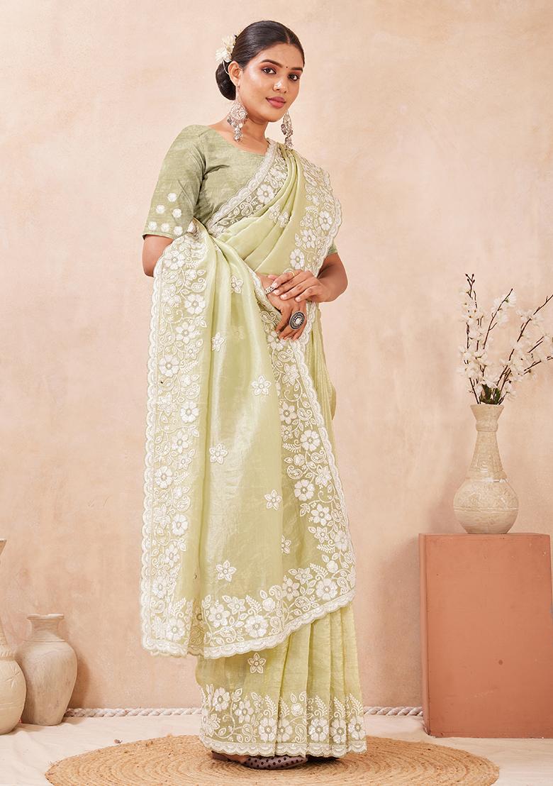 Dusty Pista Embroidery Silk Saree Set - Indya