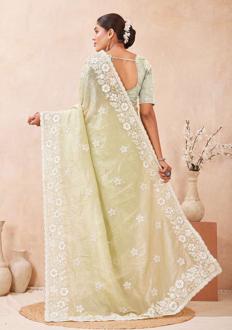 Dusty Pista Silk Blend Saree Set with Embroidery for Diwali | Wedding & Festive Wear - Indya