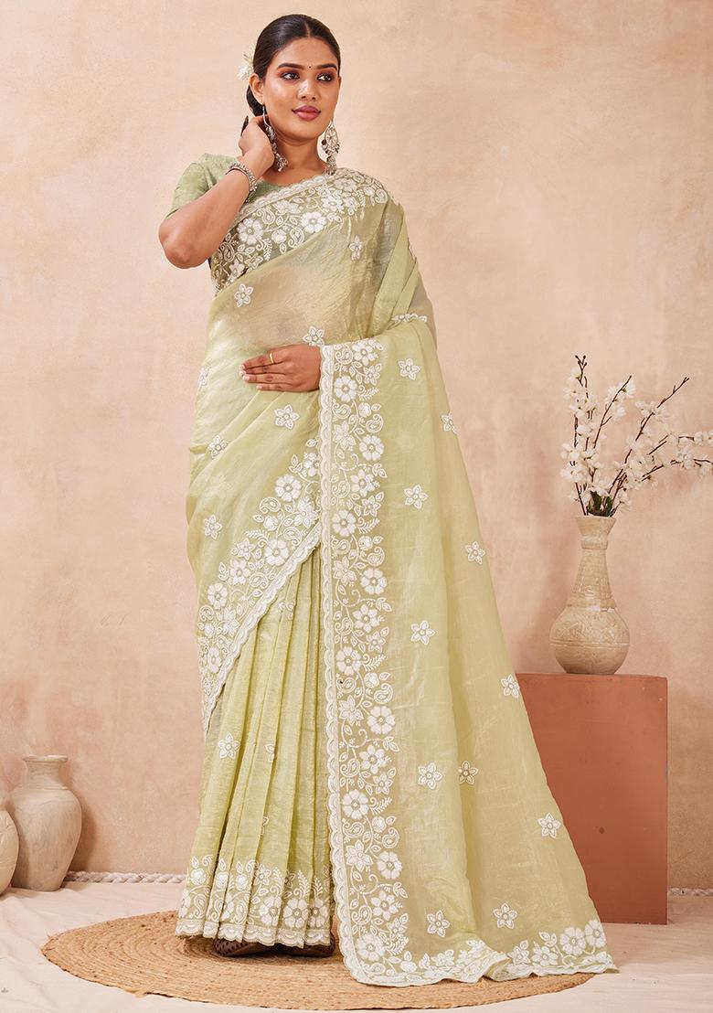 Dusty Pista Embroidery Silk Saree Set - Indya
