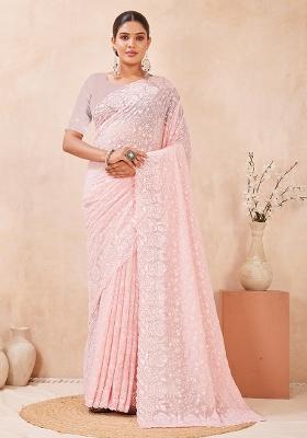 Dusty Pink Embroidery Georgette Saree Set